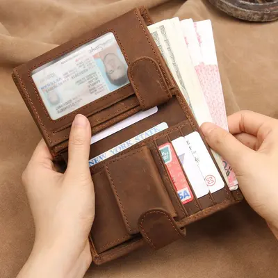 Retro Hakiki Deri Erkek Cüzdanı Üç Katlı Kısa Sığır Derisi RFID Korumalı - 10