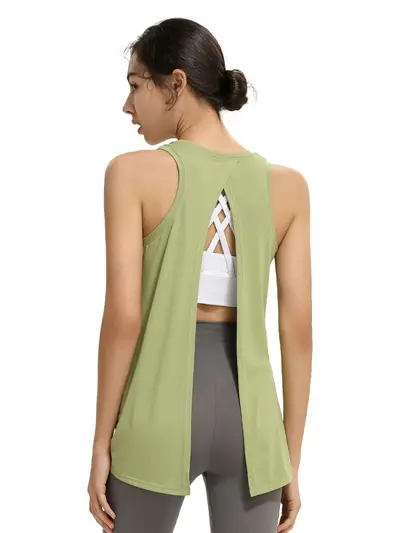 Women's Sleeveless Yoga Tank, Loose Fit, Open Back Fitness Top - 6