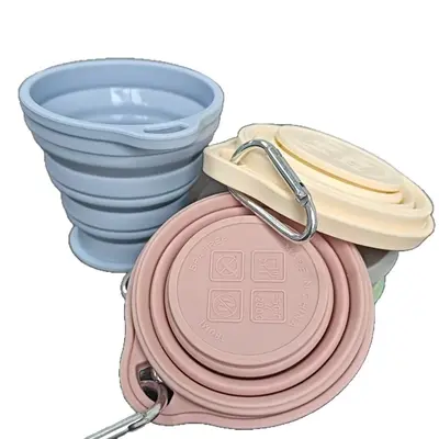 Neue Silikon-Faltbecher tragbar, Outdoor-Reise, umweltfreundliche Trinkbecher mit Deckel, ausziehbar, mit Karabiner und Spülbecher