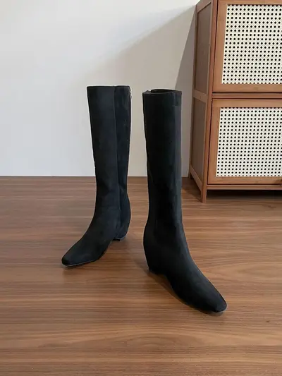 Women's Black Long Boots with 7cm Hidden Heel Lift, Fleece-Lined, Riding Boots - 12
