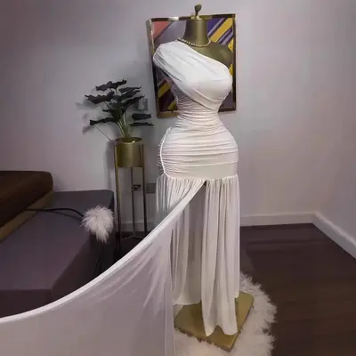 Women's Long Dress, 2025 Spring, Solid Color Sleeveless, Asymmetric Neckline, Side Slit - 8