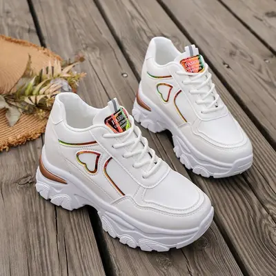 Women's Chunky Dad Sneakers with Hidden Heel, Plus Size, White - 8