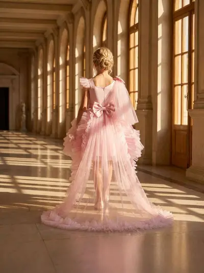 Mädchen-Babykleid zum ersten Geburtstag, Schrägschulter-Tutu mit Schleppe