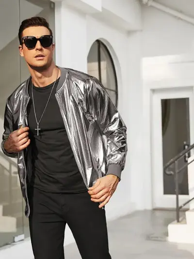 Men's Glossy Metallic Zip-Up Jacket, 70s Disco Style - 11
