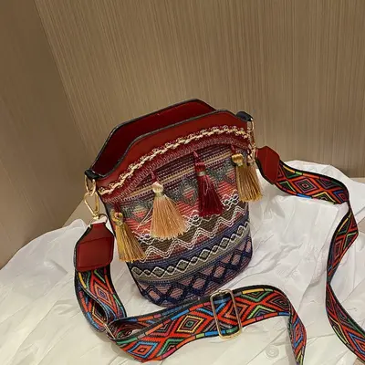 Ethnic Style Tassel Woven Bucket Bag, Women's Single Shoulder Bag - 3