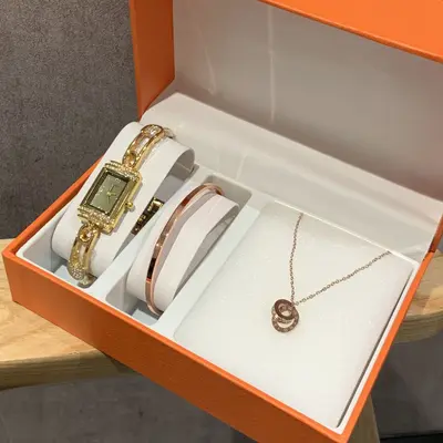 Women's quartz watch set with diamonds, square, gift box