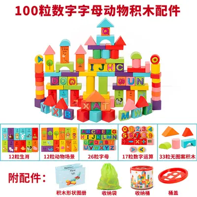 Wooden Educational Shape Matching Puzzle Toy for Kids, 100 Colorful Large Blocks - 12