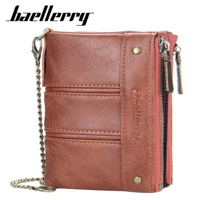 BAELLERRY Men's Short Wallet, Vertical Design, Double Zipper, Retro Coin Pocket - 6