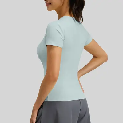 Women's Short-Sleeve Summer Yoga Top, Solid Color, Slim Fit Running T-Shirt - 4
