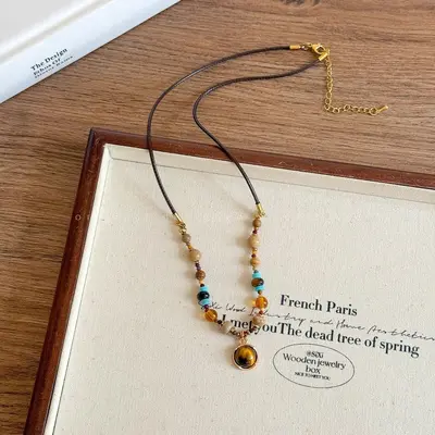 Tiger's Eye Beaded Necklace, Vintage Round Loop Design - 5