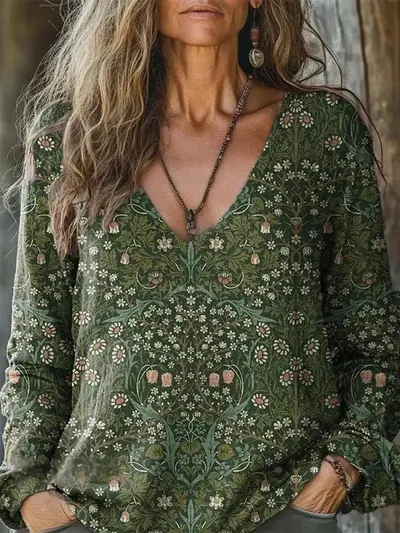 Kadın V Yaka Uzun Kollu Dijital Baskılı Günlük T-Shirt - 10