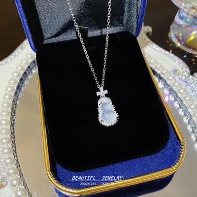 White chalcedony small gourd titanium necklace, Chinese style, collarbone chain - 10