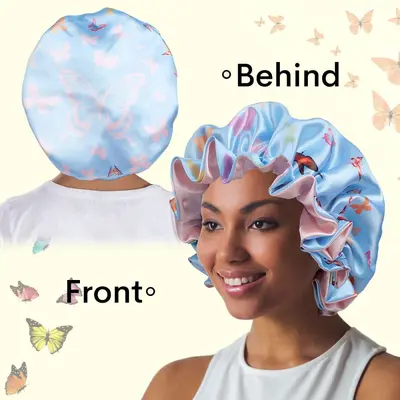 Double-Layer Satin Butterfly Print Hair Bonnet - 7