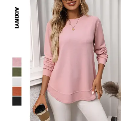 Damen-Waffel-Strick-Langarmshirt, locker geschnitten