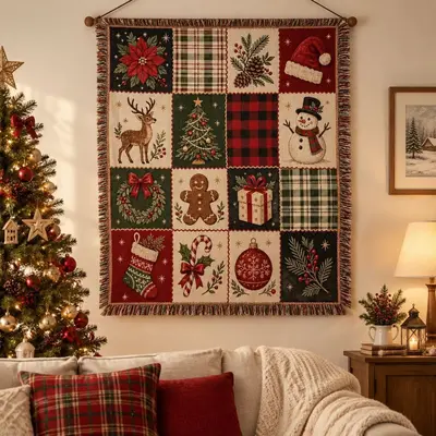 Vintage Christmas Patchwork Tassel Tapestry American Country Christmas Blanket Sofa Throw Christmas Holiday Decorative Blanket Tapestry