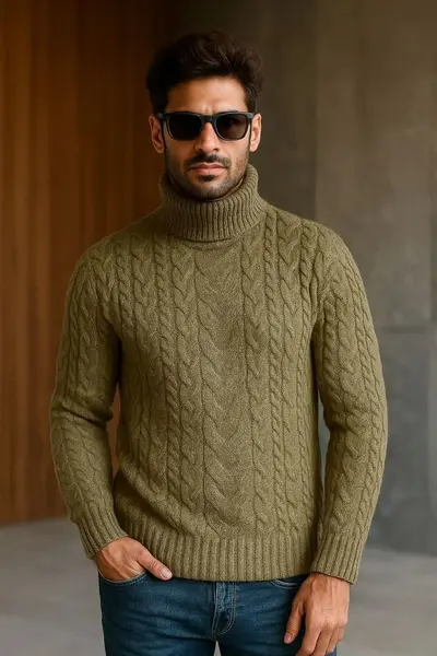 Herren-Rollkragenpullover im Zopfmuster, große Größen, einfarbig, Wolle - 10