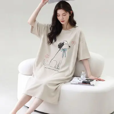 Women's Summer Cotton Nightdress with Chest Pads, Short Sleeve, Plus Size