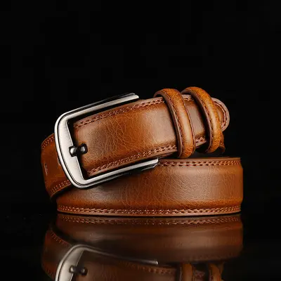 Men's Leather Belt Genuine Cowhide Pin Buckle Waist Belt Brown Middle-aged Youth Casual Fashion Men's Trouser Belt - 4