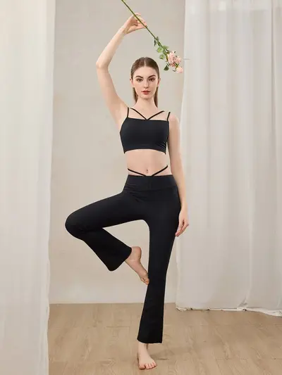 Women's Two-Piece Pilates Set, Tummy Control, Flared Pants