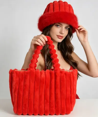 Peluş Kadın Omuz Çantası Puf Şapkalı Sonbahar Kış El Çantası - 12