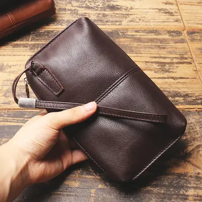 Men's Genuine Leather Clutch and Long Wallet, Soft Leather, Zipper, Cowhide - 5