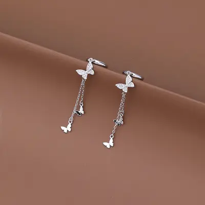 S925 silver butterfly tassel earrings women