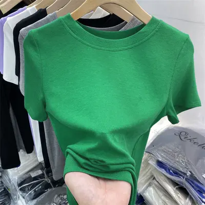 2026 summer new style ribbed round neck slim fit women's t-shirt, short sleeve versatile solid color basic t-shirt top - 12