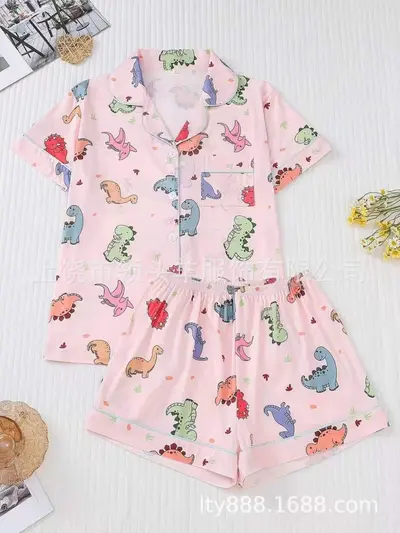 Women's Pajama Set with Pink Dinosaur Print and Button-Up Lapel - 13
