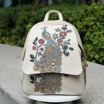 Women's Ethnic Embroidered Canvas Backpack with Gold Thread Embroidery - 10