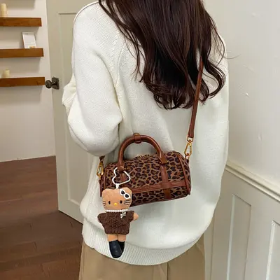 Retro Cylinder Boston Bag, Leopard Print Patchwork Shoulder Crossbody Small Bag