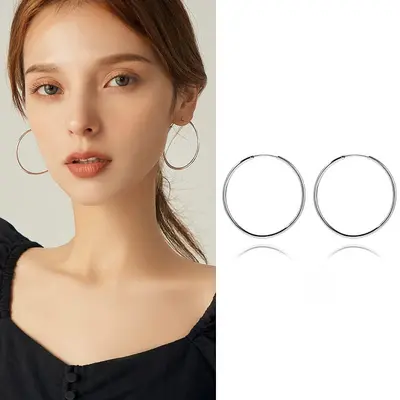 S999 sterling silver large hoop earrings, plain design - 2