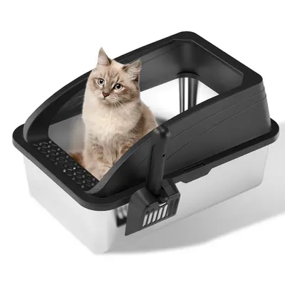 Stainless Steel Cat Litter Box, Large Semi-Enclosed with High Sides - 8