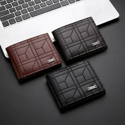 Men's Zipper Wallet, Soft Leather, Plaid Pattern, Large Capacity