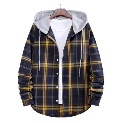 Men's Loose Plaid Hooded Shirt, Plus Size