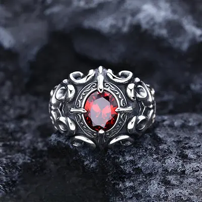 S925 Silberplattierter Granat-Blüten-Ring Herren