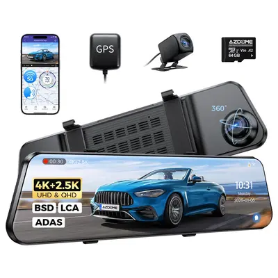 AZDOME Dual Camera Dashcam 11.8" Mirror with ADAS Support, Voice Control