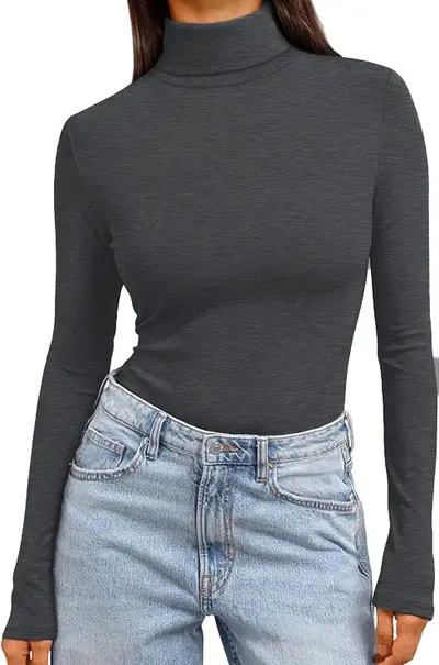 Amazon Yüksek Yaka Uzun Kollu Astarlı Kadın T-Shirt Düz Renk Slim Fit