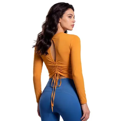 Women's Pleated Peach Back Long Sleeve Running Yoga Top with Built-in Bra - 6