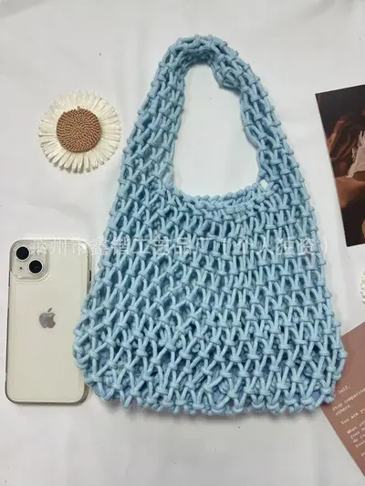Handgewebte Damentasche aus Baumwollkordel in Zuckerfarbe, Strand-Eimertasche - 10