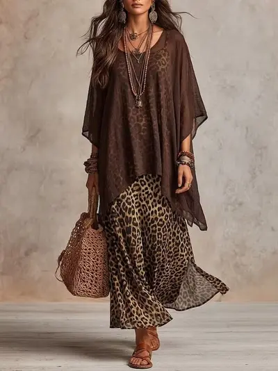 Women's Chiffon Leopard Print Two-Piece Dress Set with Camisole