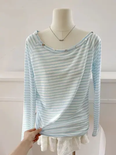 Lyocell Blue Striped Thin Sun Protection Cardigan, Loose Long Sleeve