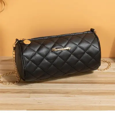 Embroidered Diamond Check Chain Women's Crossbody Bag, Cylinder Shape, 2023 Summer - 7