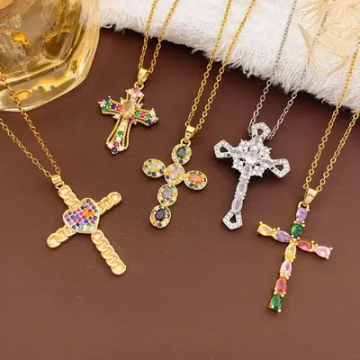 Cross Pendant Necklace with Colourful Zircon, Women's Fashion Jewelry