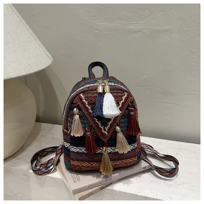 Women's Lightweight Backpack, Ethnic Tassel Design, Small Travel Size - 10