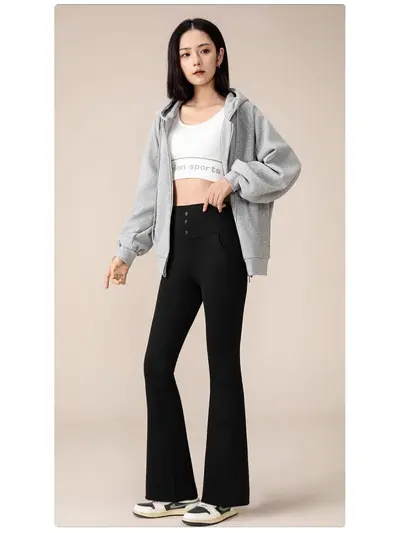 Fleece-Lined High Waist Flare Yoga Pants for Women, Nylon, Slim Fit
