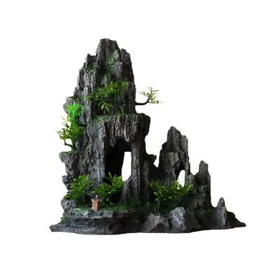 Grey Artificial Dragon Stone Aquarium Decoration Set with Hiding Cave and Plants