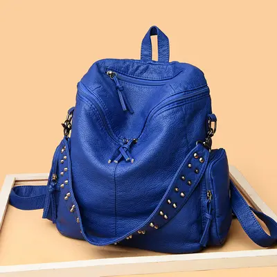 Rivet Washed Leather Backpack Large Capacity Multi-Pocket - 3