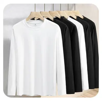 Unisex Solid Color Loose Long-Sleeve Round-Neck T-Shirt, White