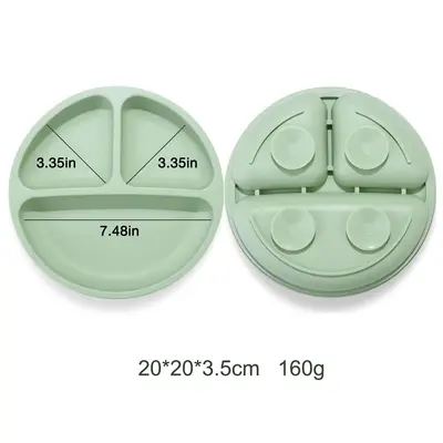 Food-Grade Silicone Baby Divided Plate with Lid, 3 Compartments, Suction Base