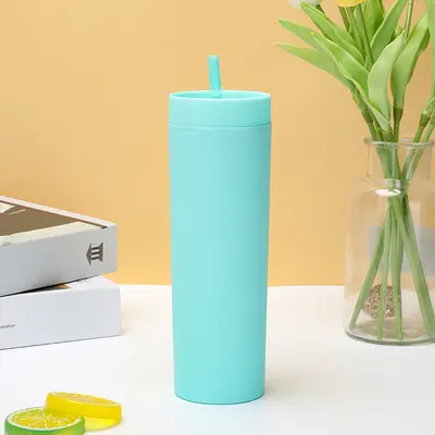 Sınır ötesi yeni çift katmanlı plastik düz bardak buzlu hissi veren 473 ml pipetli bardak AS kauçuk boya plastik - 11